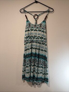Vanity Teal and White Patterned Mini Dress with Ring Detail